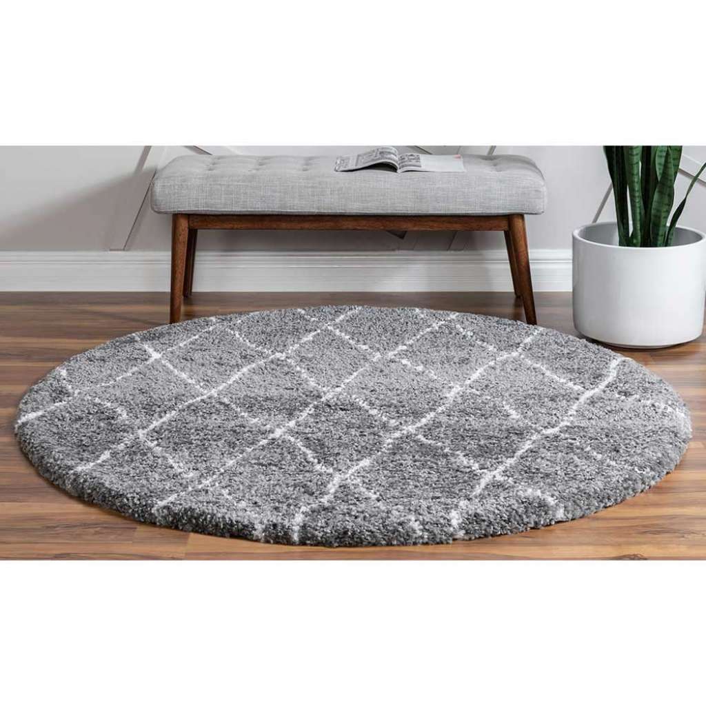 Shaggy Teppich rund Grau im Skandi Design geometrischem Muster