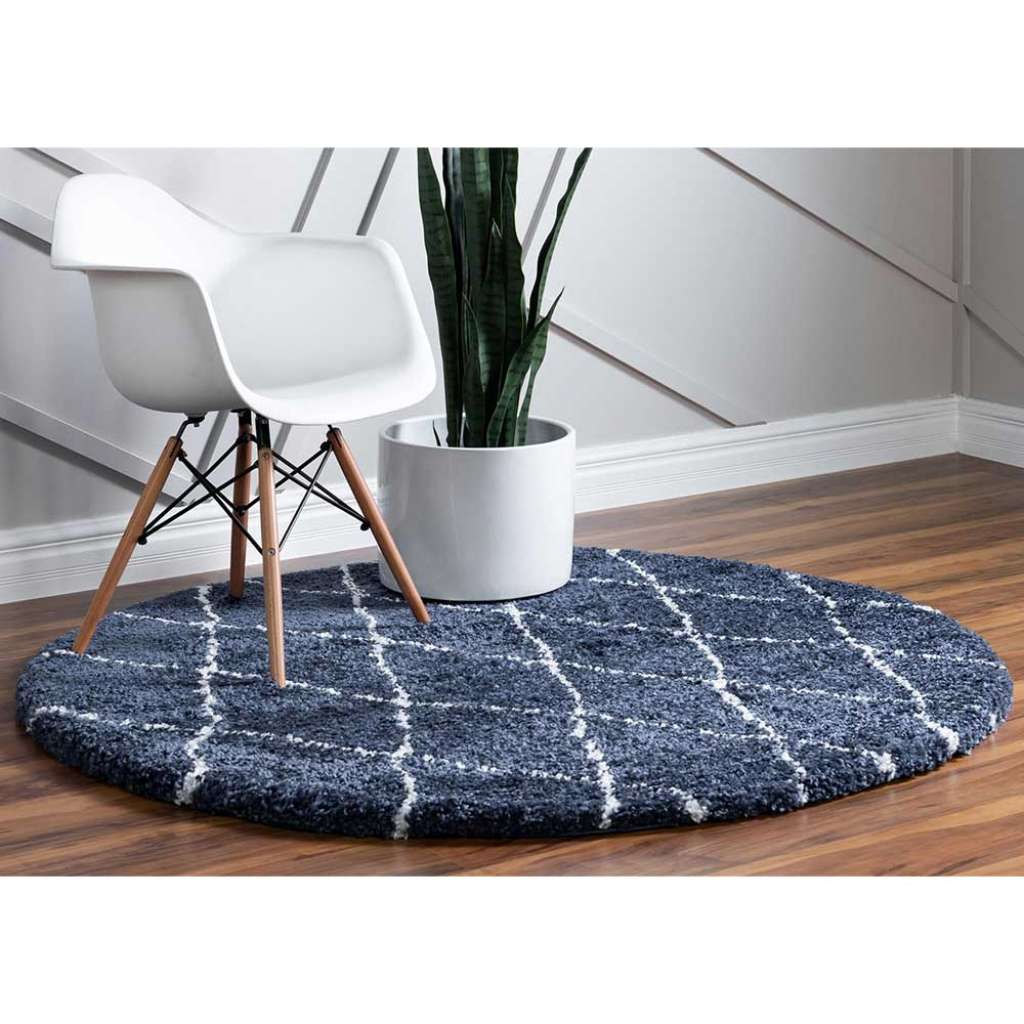 Hochflor Teppich rund Dunkelblau mit geometrischem Muster Cremefarben