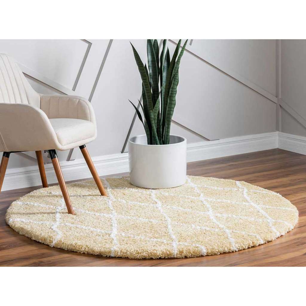 Hochflor Teppich rund 150 cm in Gelb Cremefarben