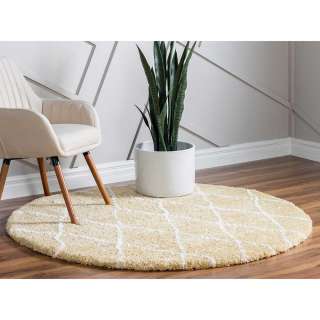 Hochflor Teppich rund 150 cm in Gelb Cremefarben