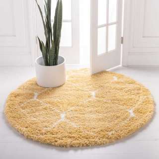 Runder Hochflor Teppich Gelb mit Kachelmuster Cremefarben