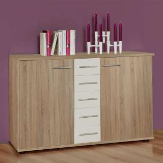 Wohnzimmer Sideboard in Eiche Sägerau und Weiß Drehtüren