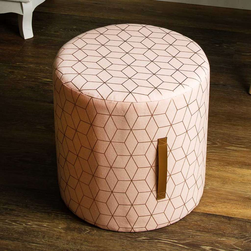 Rosa Stoff Pouf mit geometrischem Muster Goldfarben