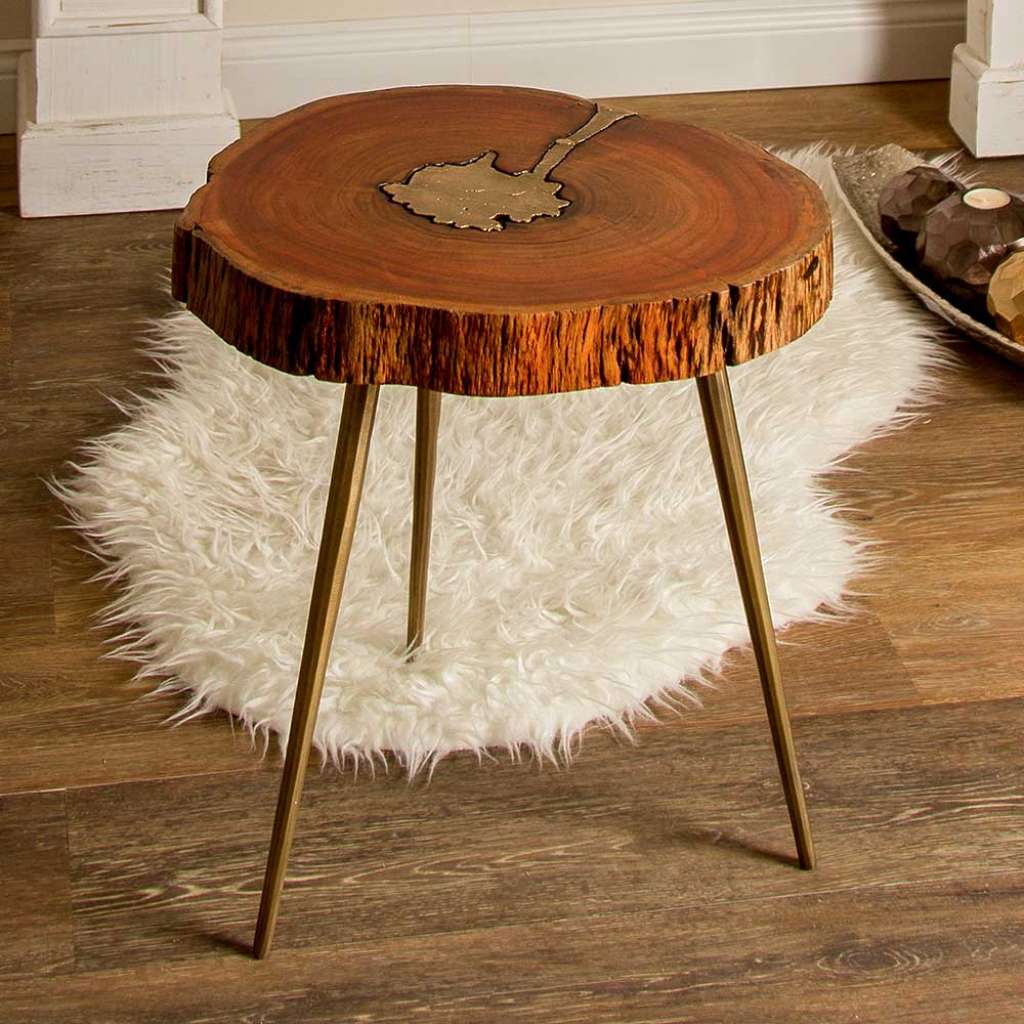 Designtisch Baumkante im Landhausstil Dreifußgestell aus Metall