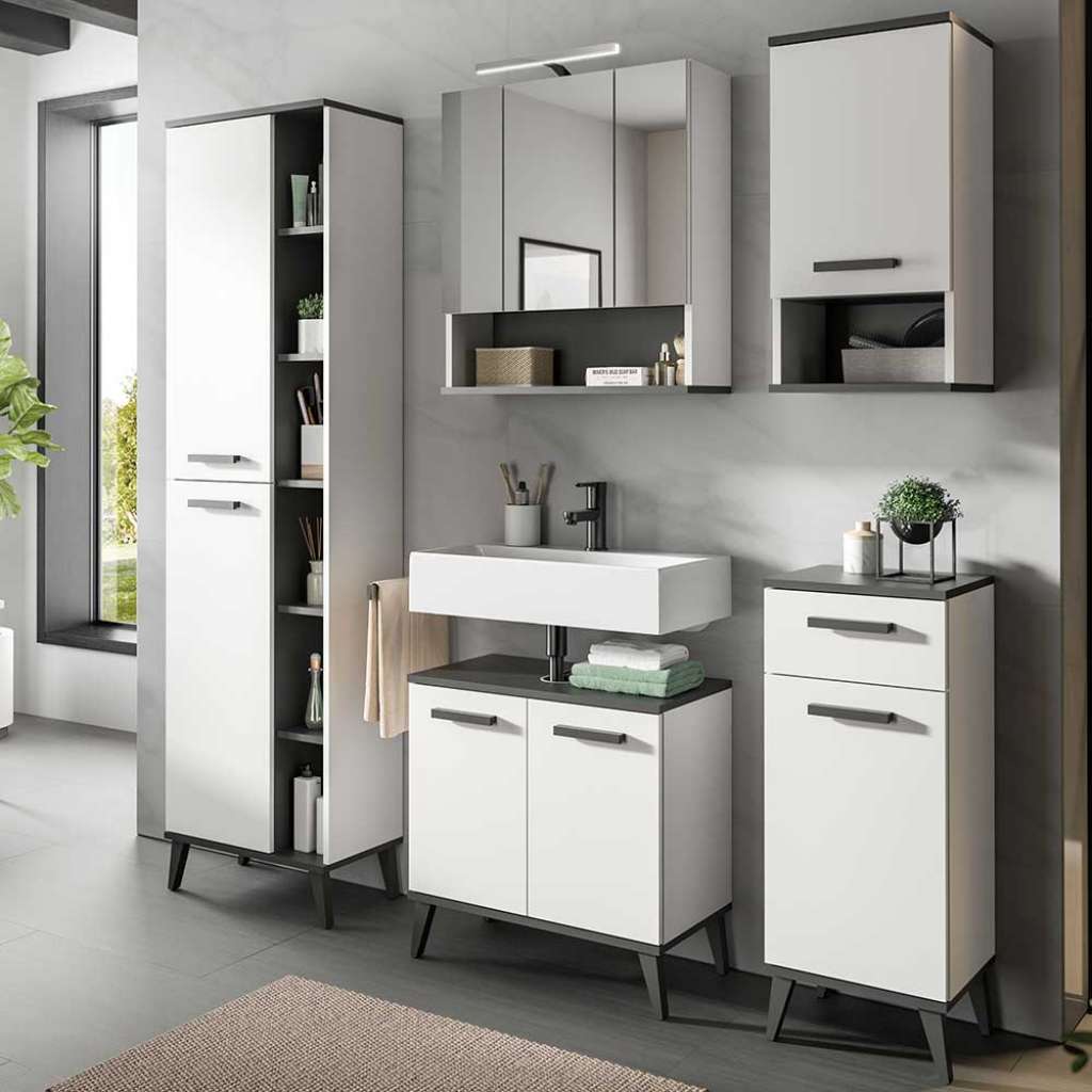 Badezimmermöbelset modern in Anthrazit und Weiß melaminbeschichtet (fünfteilig)