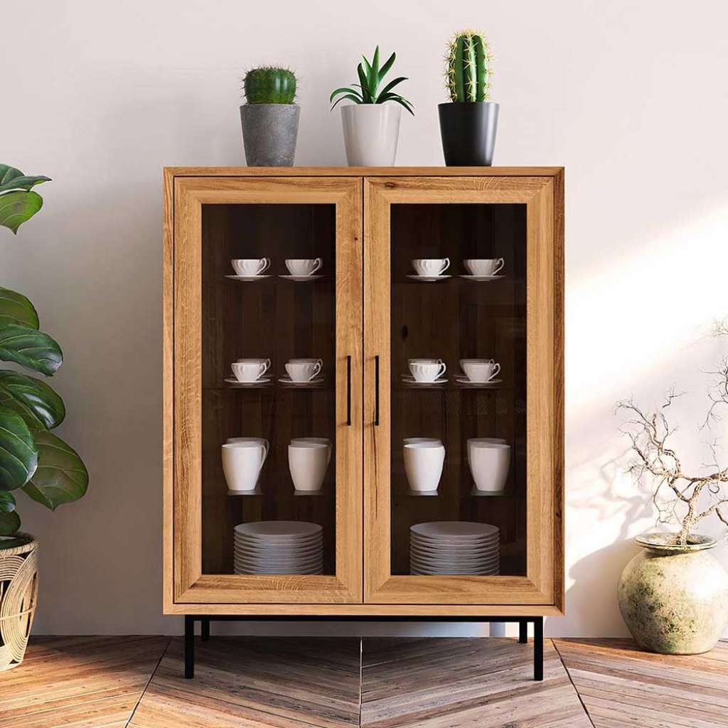 Wohnzimmervitrinenschrank massiv mit 2 Glastüren Skandi Design