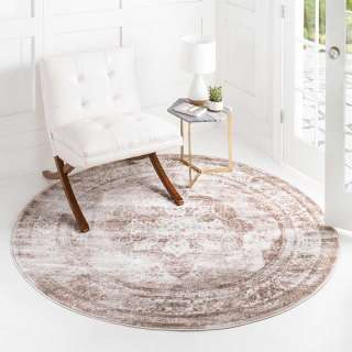 Runder Vintage Teppich in Hellbraun und Creme Landhausstil