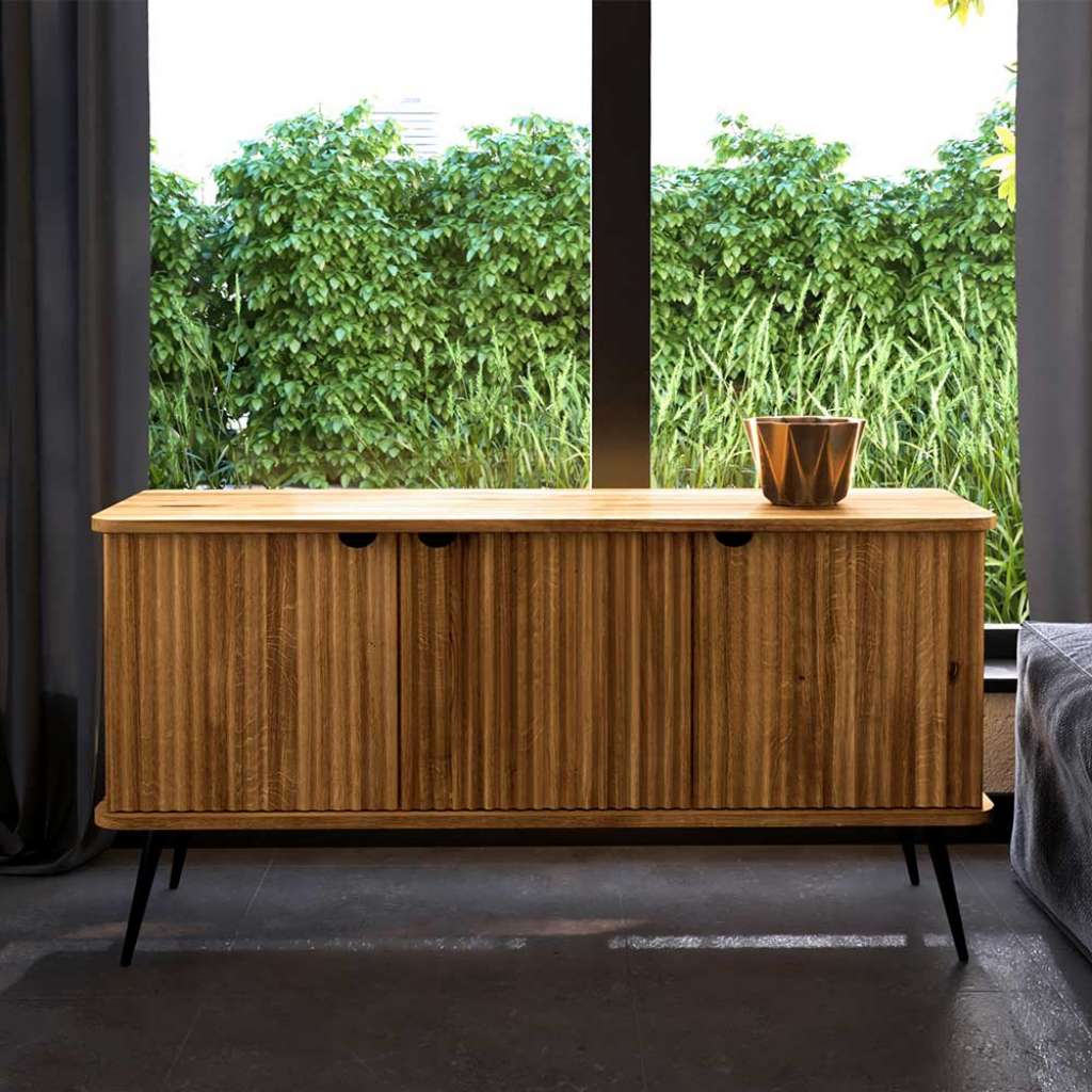 Massivholz Sideboard Wildeiche mit 3 Drehtüren Vierfußgestell aus Metall