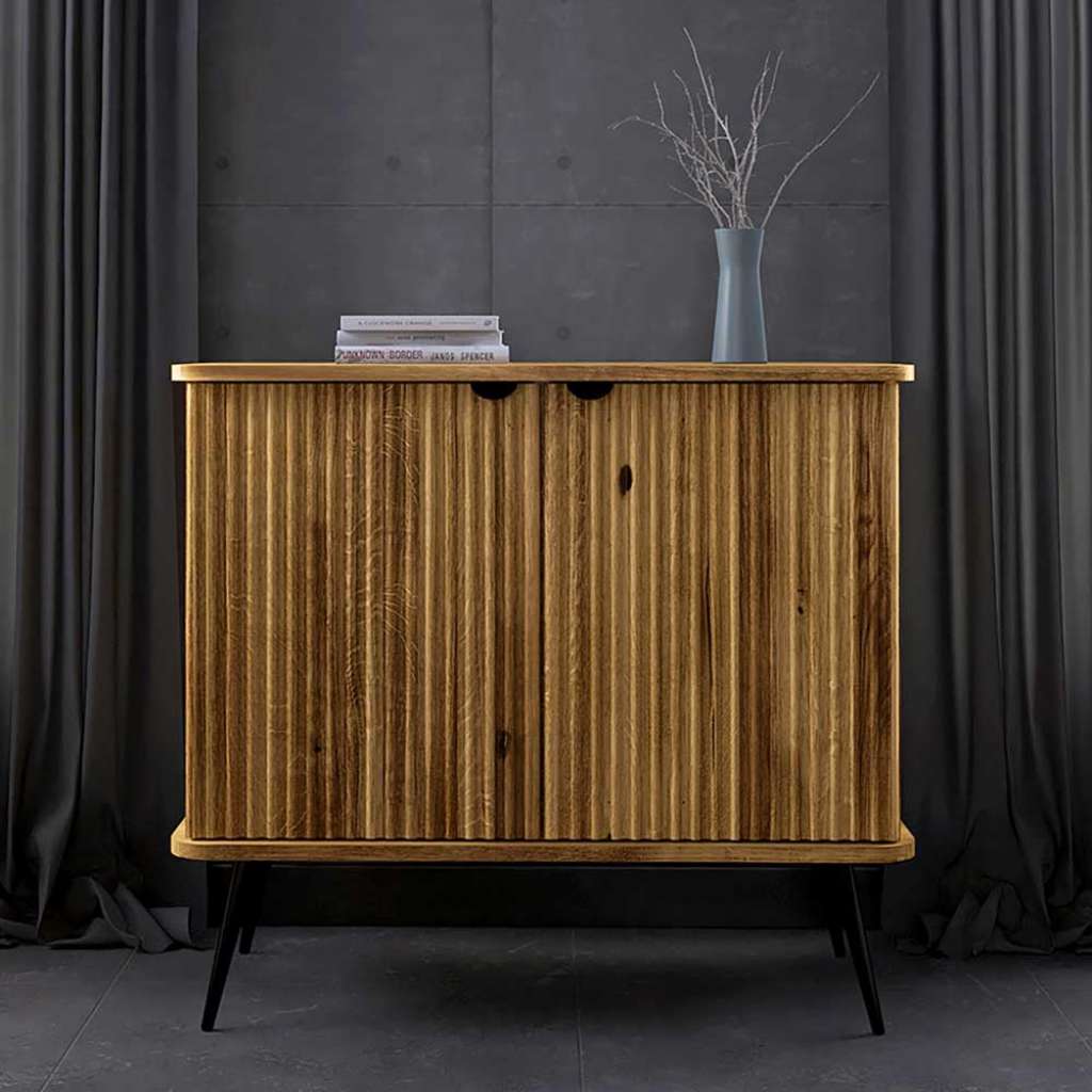 Holzkommode massiv Wildeiche mit Drehtüren Vierfußgestell aus Metall