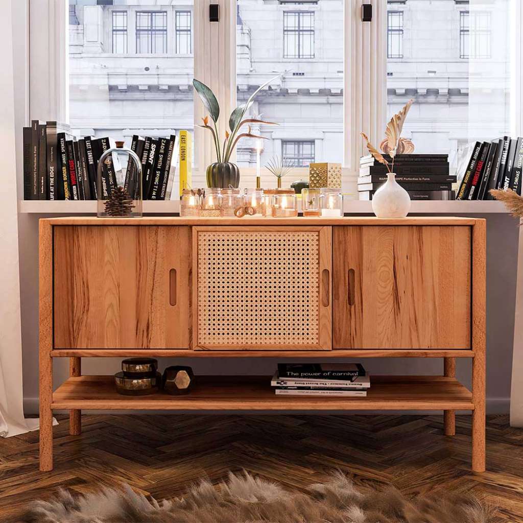 Sideboard Holz massiv mit Rattan Geflecht Schiebetüren