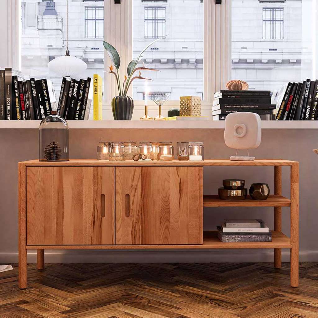 Kommode Holz massiv mit Drehtüren zwei offene Ablagen