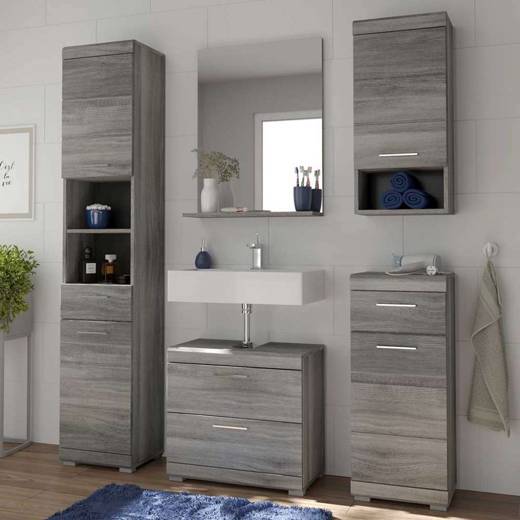 Waschplatz Set modern in Holzoptik Rauchgrau 191 cm hoch (fünfteilig)