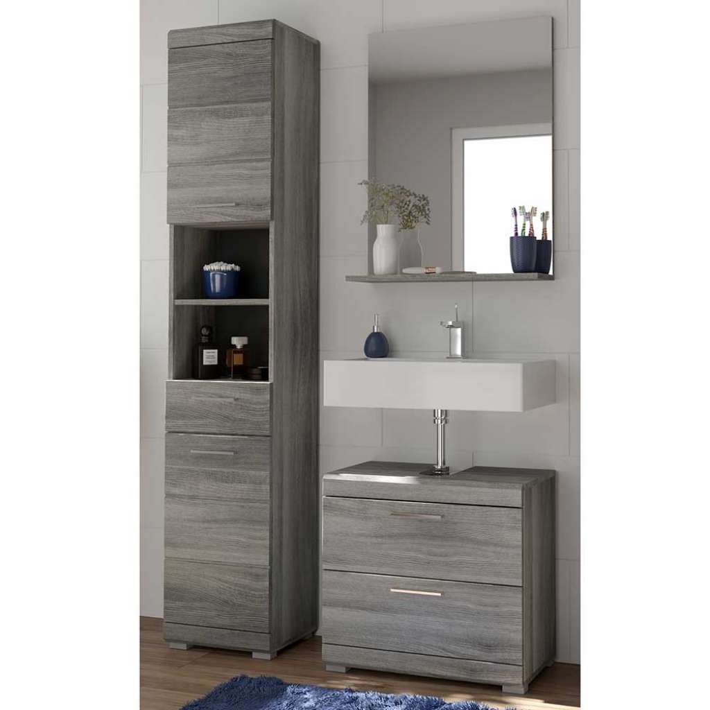 Badmöbel Set mit Spiegel in Holzoptik Rauchgrau 191 cm hoch (dreiteilig)