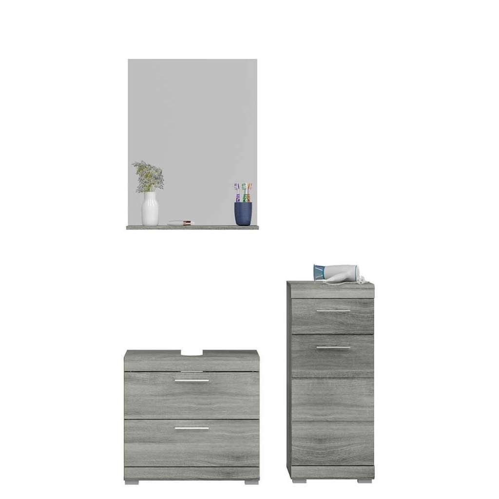Möbel für Gäste WC mit Spiegel Holzoptik Rauchgrau (dreiteilig)