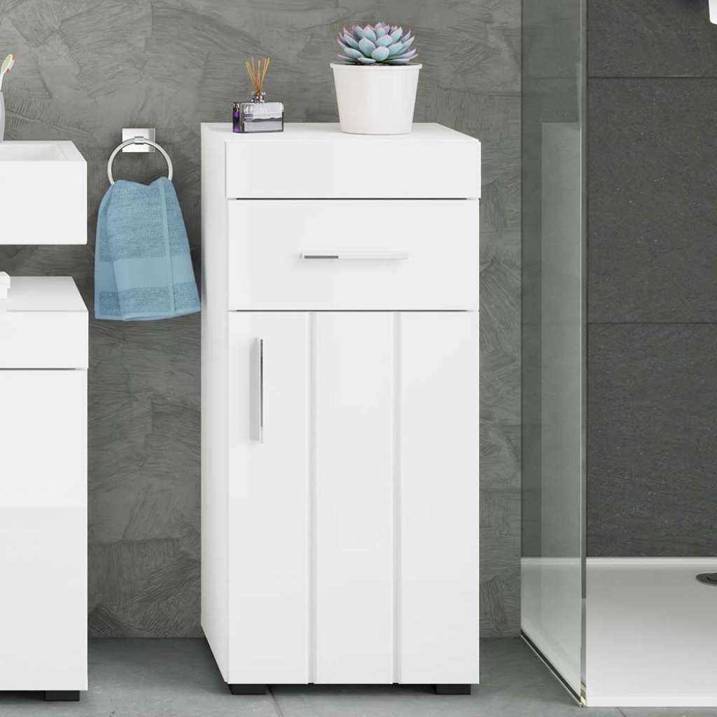 Badezimmerschränkchen weiss Hochglanz einer Schublade und Tür