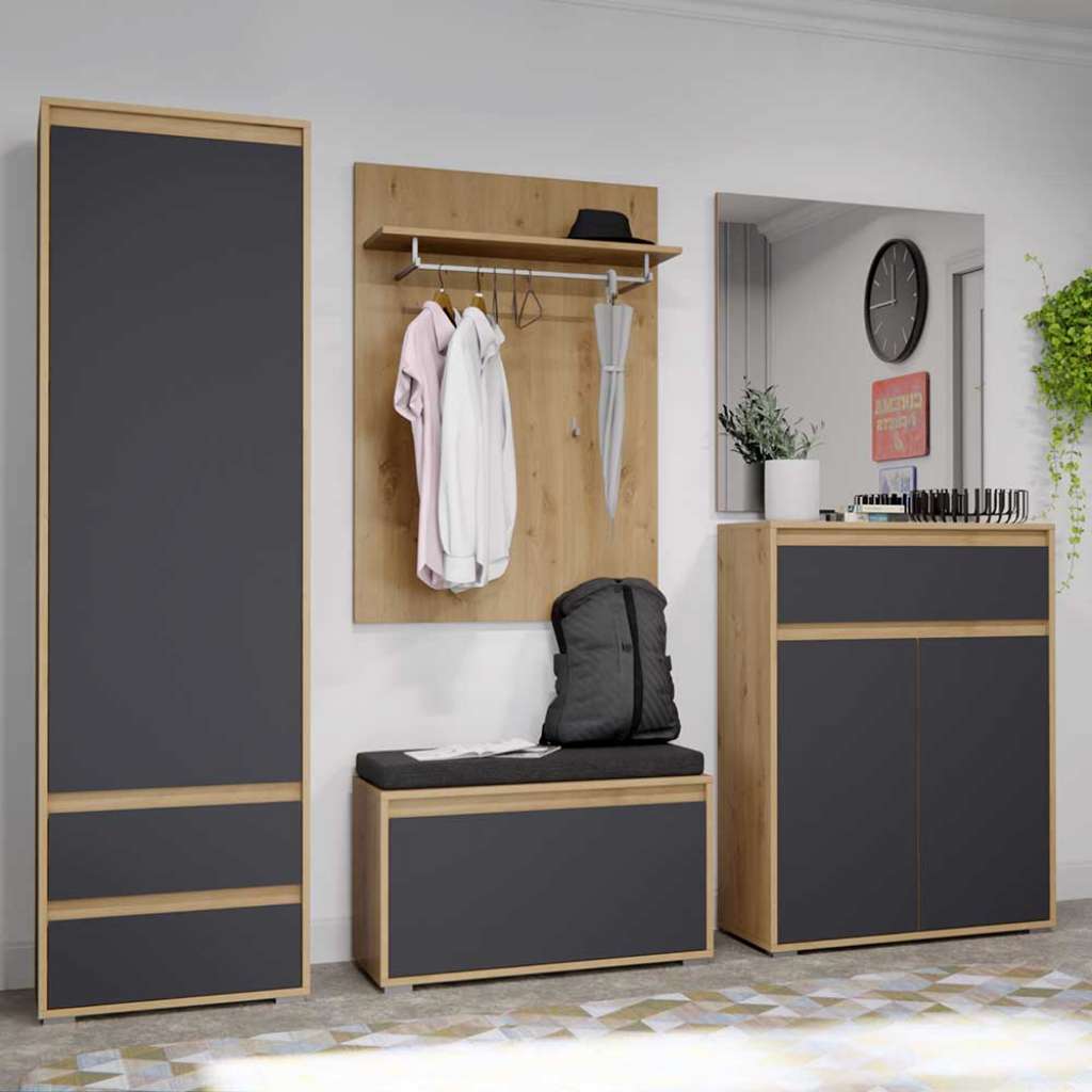 Dielenmöbel Set modern 190 cm hoch Grau und Eichefarben (fünfteilig)