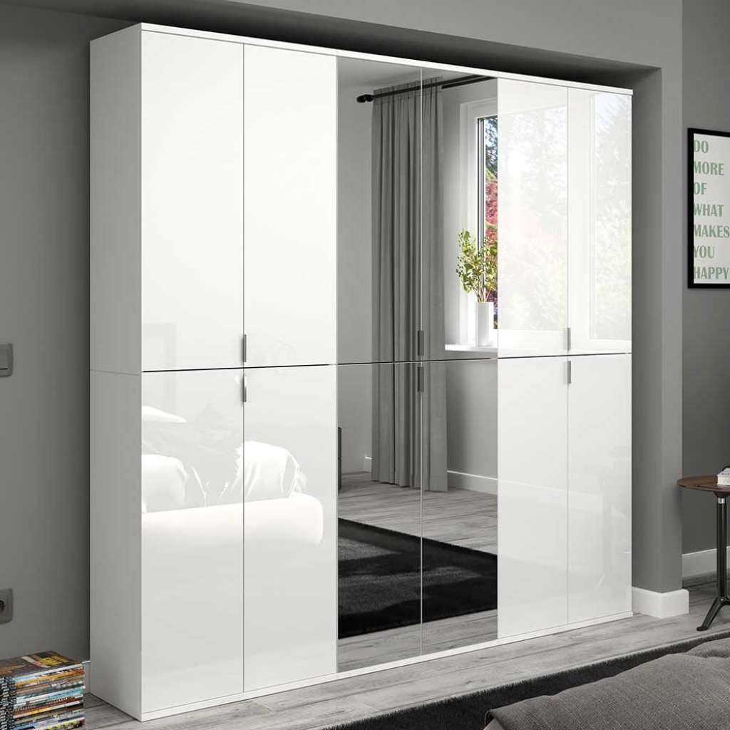 Großer Kleiderschrank mit Spiegel in Weiß Hochglanz (dreiteilig)