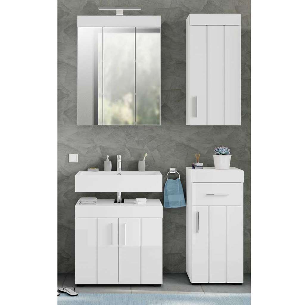 Badmöbelset weiss Hochglanz mit Spiegelschrank modernem Design (vierteilig)