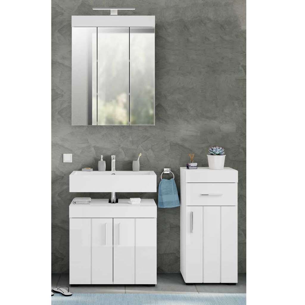 Badezimmermöbelset mit Spiegelschrank in Weiß Hochglanz (dreiteilig)