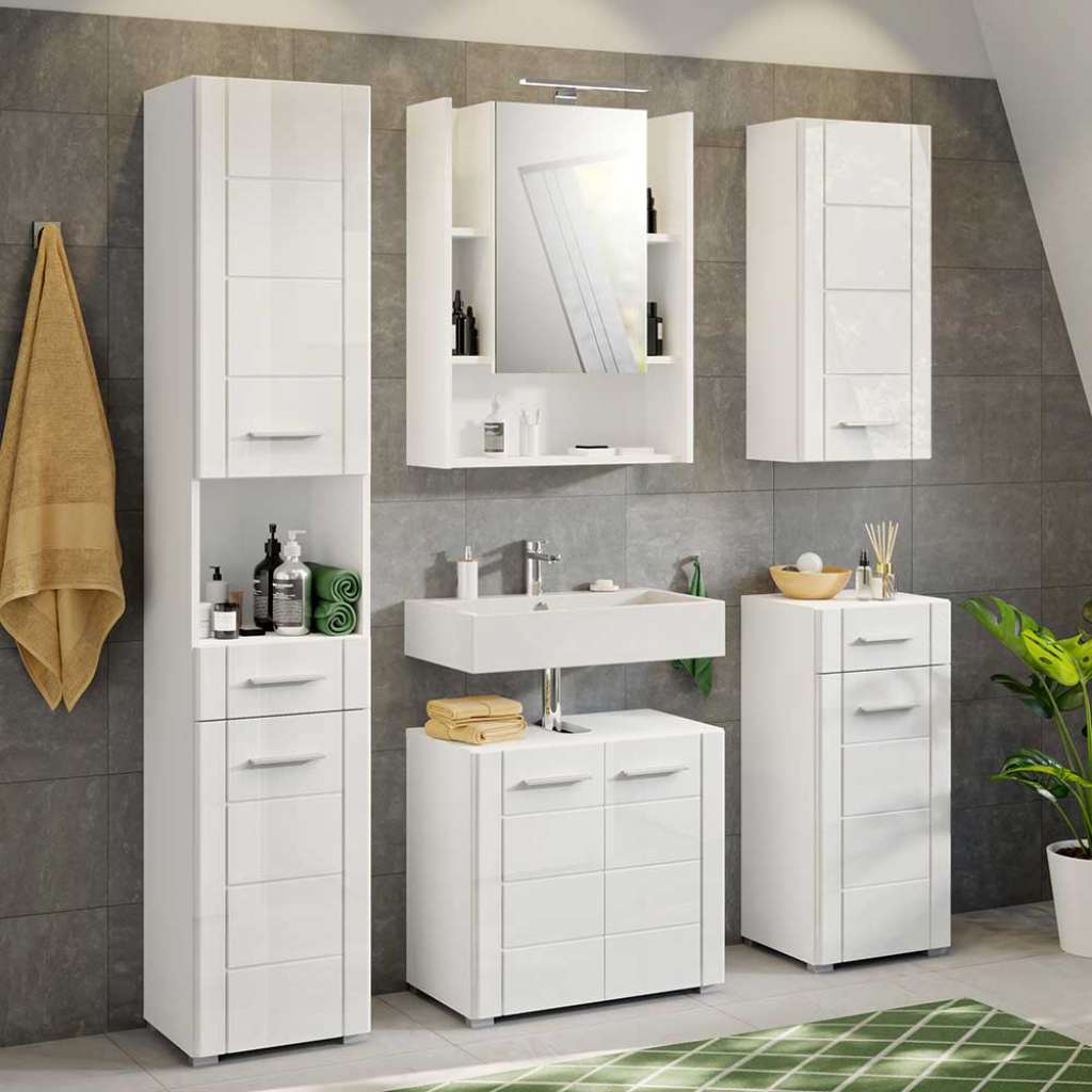 Badmöbelset mit Spiegelschrank in Weiß Hochglanz (fünfteilig)