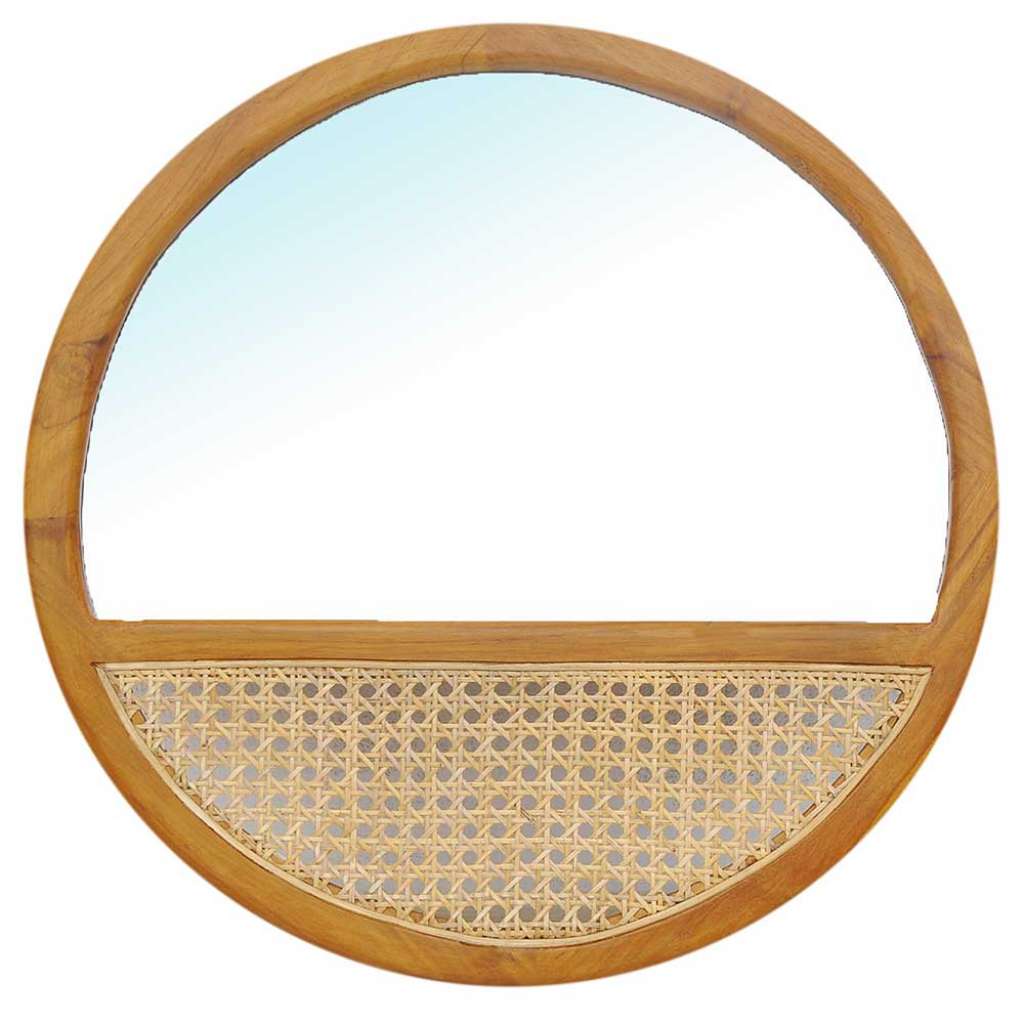Garderobenspiegel 60 cm aus Teak Massivholz und Rattan Skandi Design