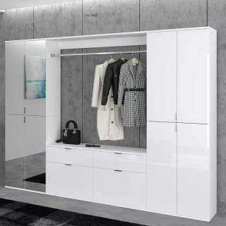 Garderoben Set modular in Weiß Hochglanz Spiegeltüren und Kleiderstange (dreiteilig)