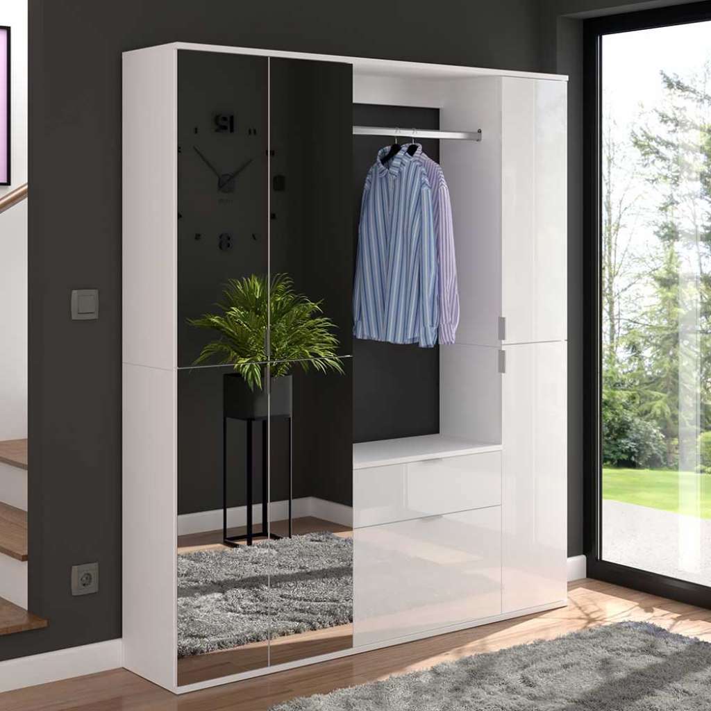 Dielenmöbelset mit Spiegel in Weiß Hochglanz 152 cm breit (dreiteilig)