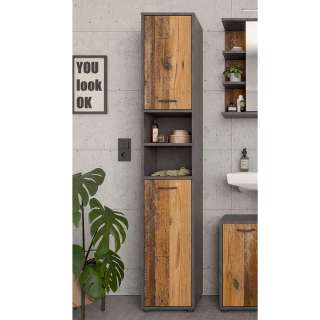 Badezimmer Hochschrank in Holz Antik NB und Beton Optik 180 cm hoch