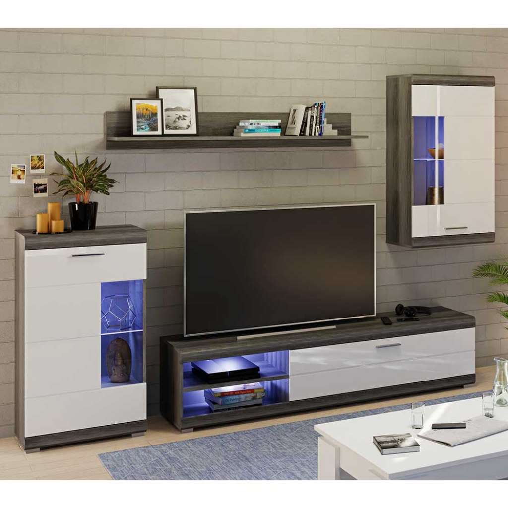 Wohnkombination modern mit LED Beleuchtung Hochglanz Front (vierteilig)