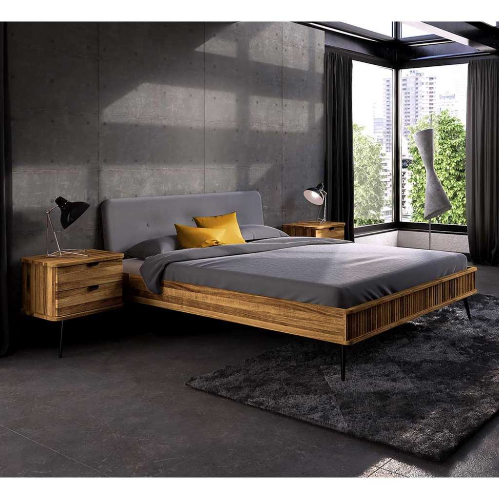 Bett Wildeiche mit Polsterkopfteil in modernem Design 41 cm Einstiegshöhe