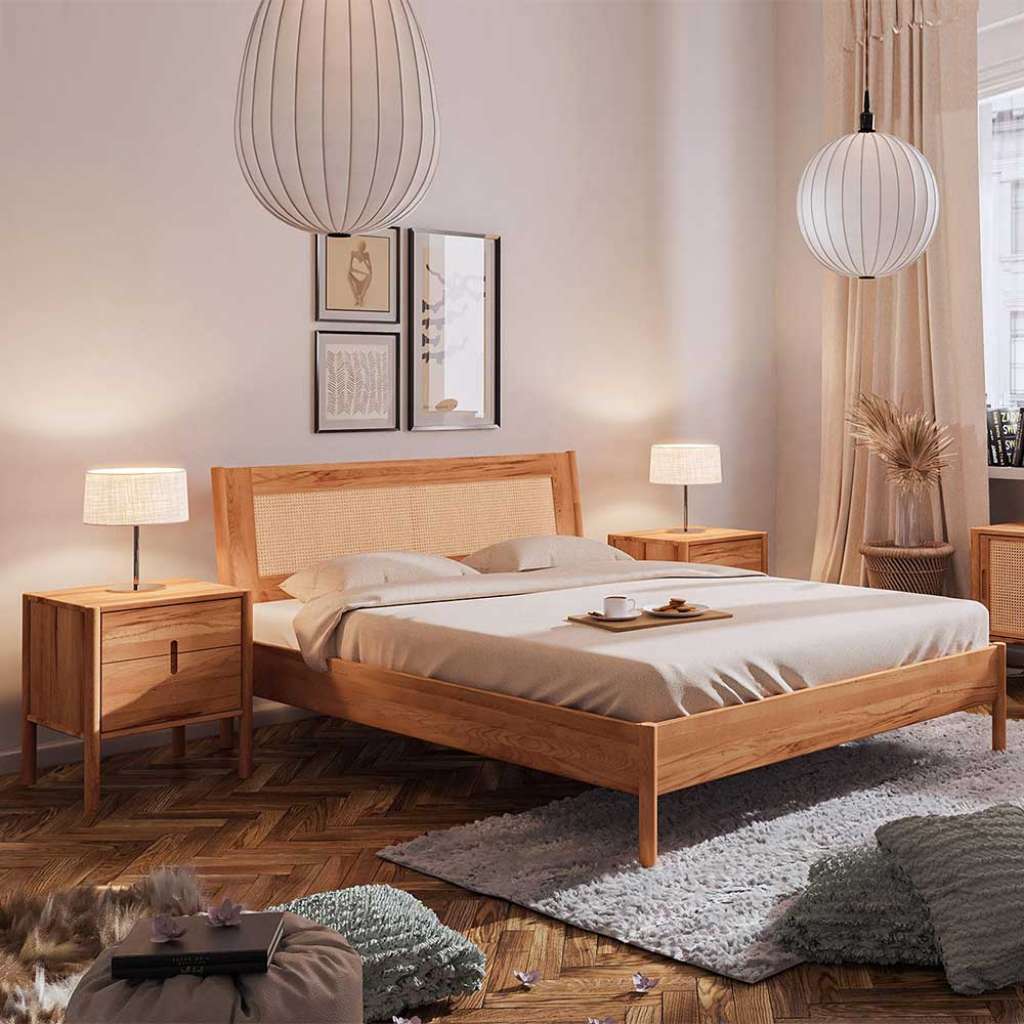Bett Wildeiche und Rattan 38 cm Einstiegshöhe auch mit Kommoden