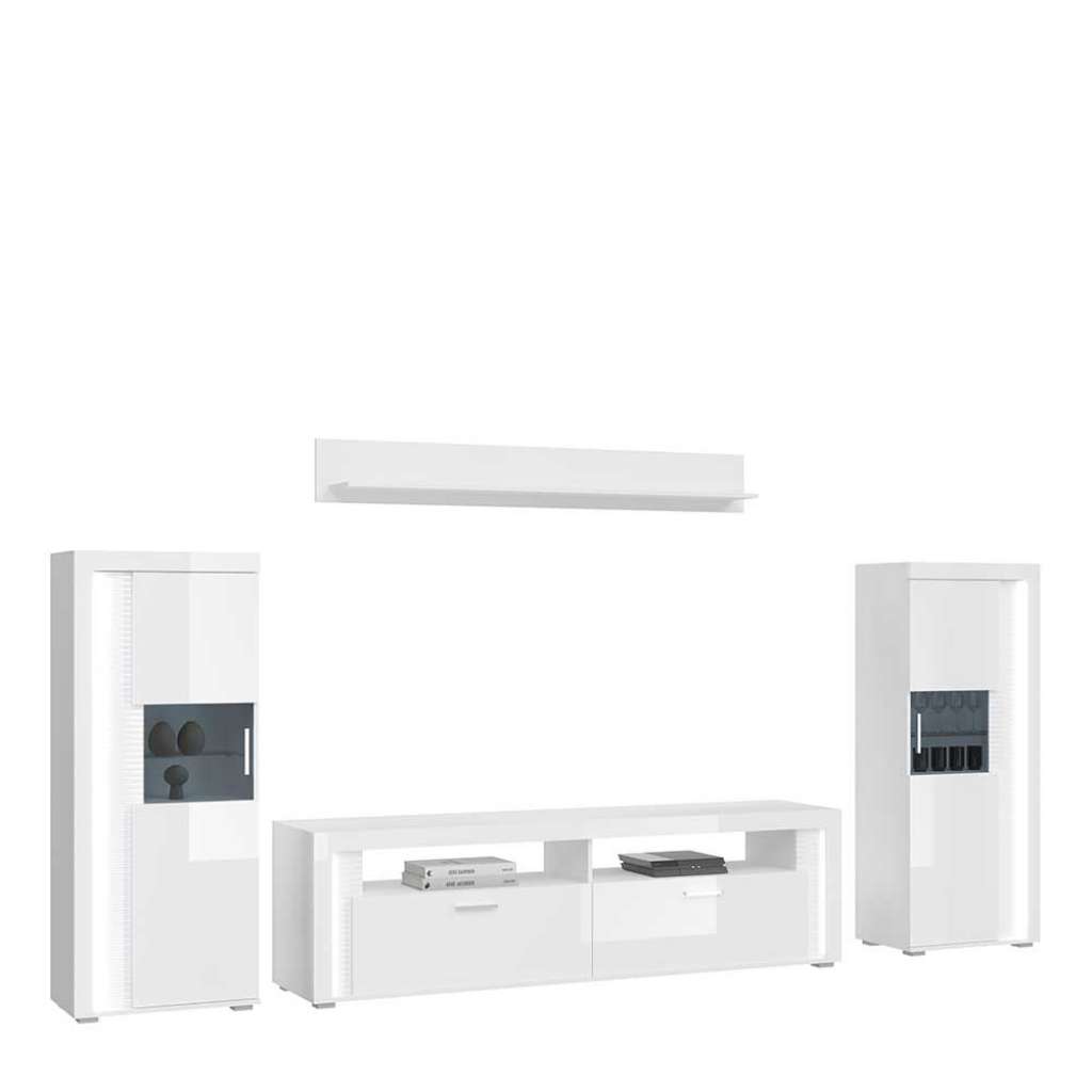 Wohnwand Hochglanz weiss mit LED Beleuchtung 321 cm breit (vierteilig)