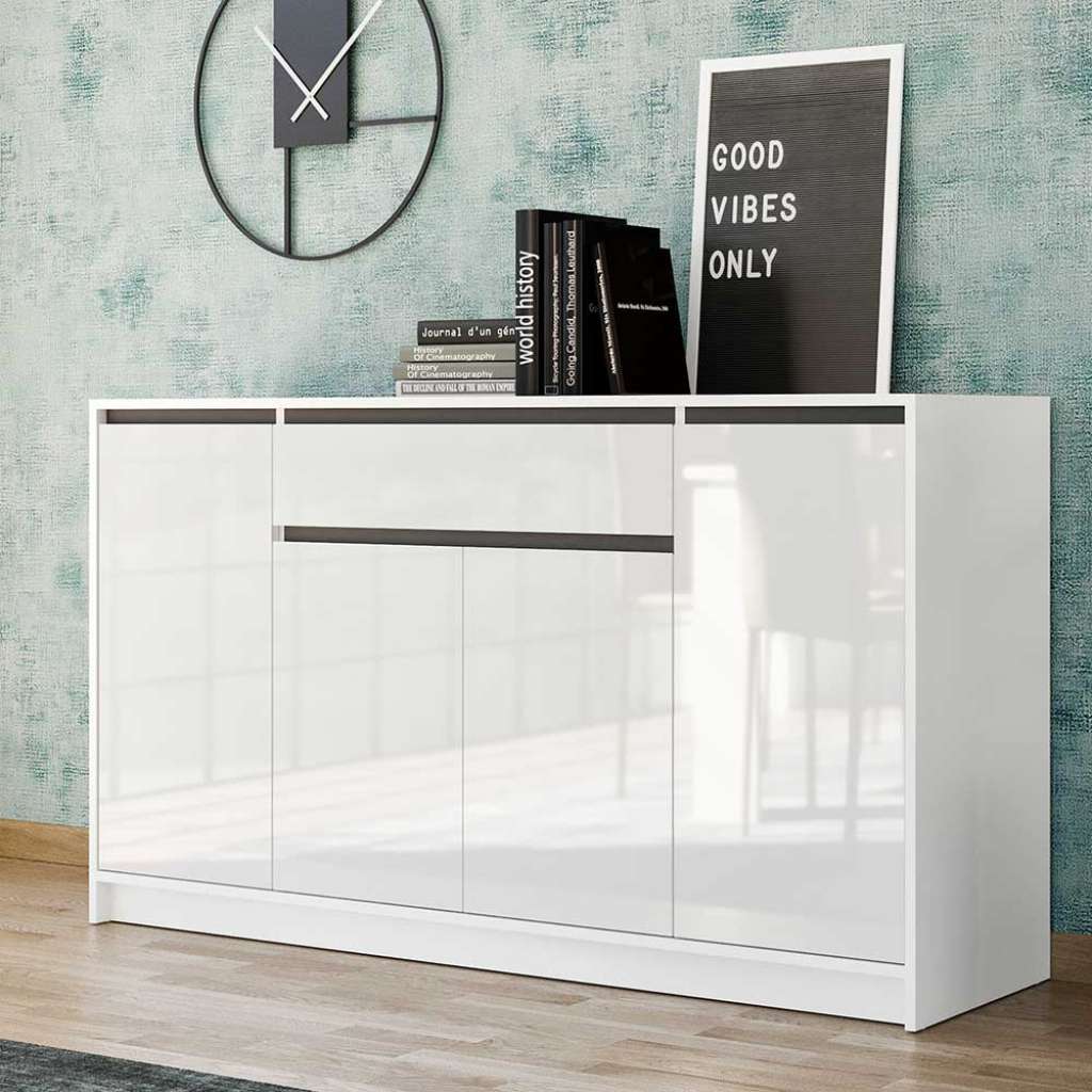 Esszimmersideboard Hochglanz in Weiß Drehtüren und Schublade