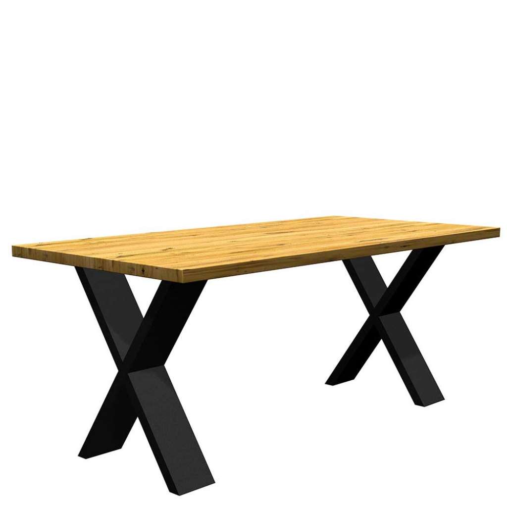 Massiver Tisch aus Eiche und Metall X Gestell in Schwarz