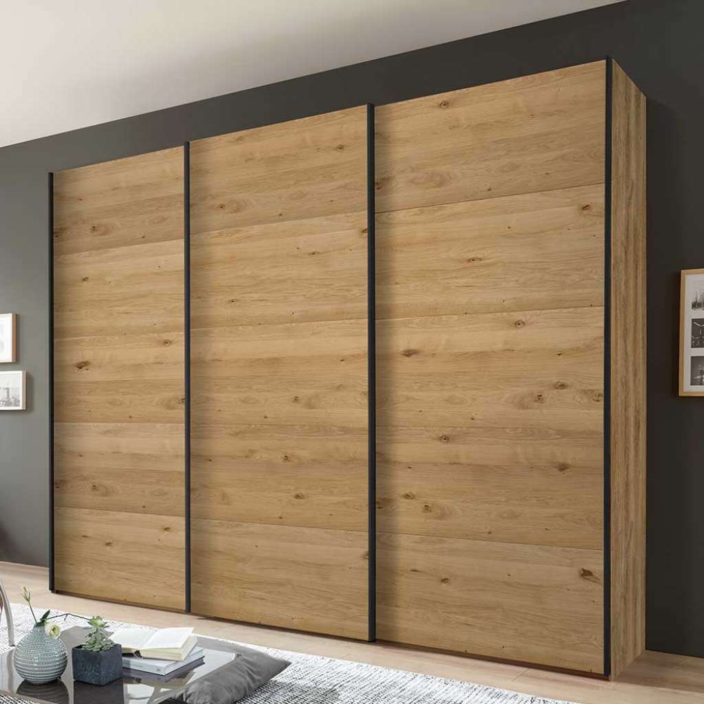 Gleittürenschrank in Wildeiche Bianco und Dunkelgrau 300 cm breit