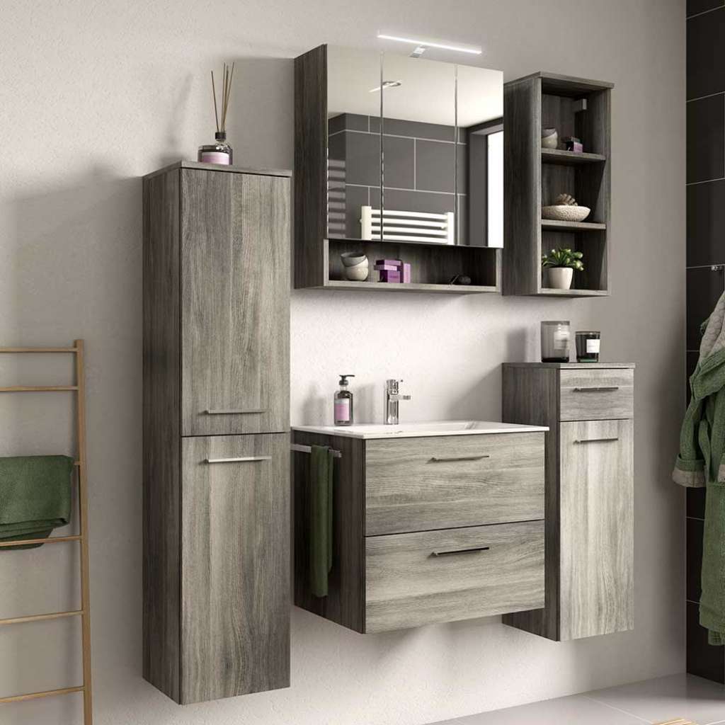 Holzoptik Badezimmermöbel in Rauchgrau melaminbeschichtet 153 cm hoch (fünfteilig)