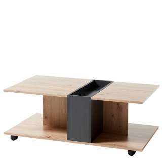 Wohnzimmer Tisch mit Rollen in Wildeichefarben und Grau 110 cm breit