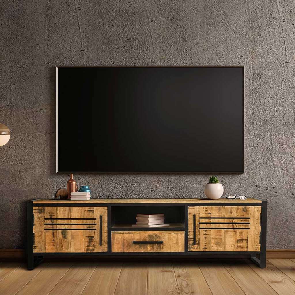 Großes TV Lowboard im Industry und Loft Stil Mangobaum Massivholz & Metall