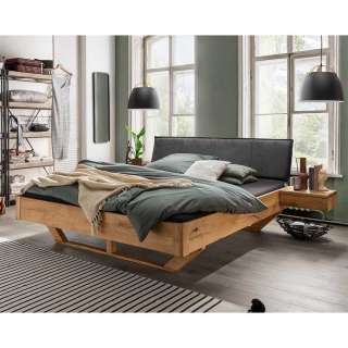 Wildeiche Bett mit Polsterkopfteil in Anthrazit 43 cm Einstiegshöhe