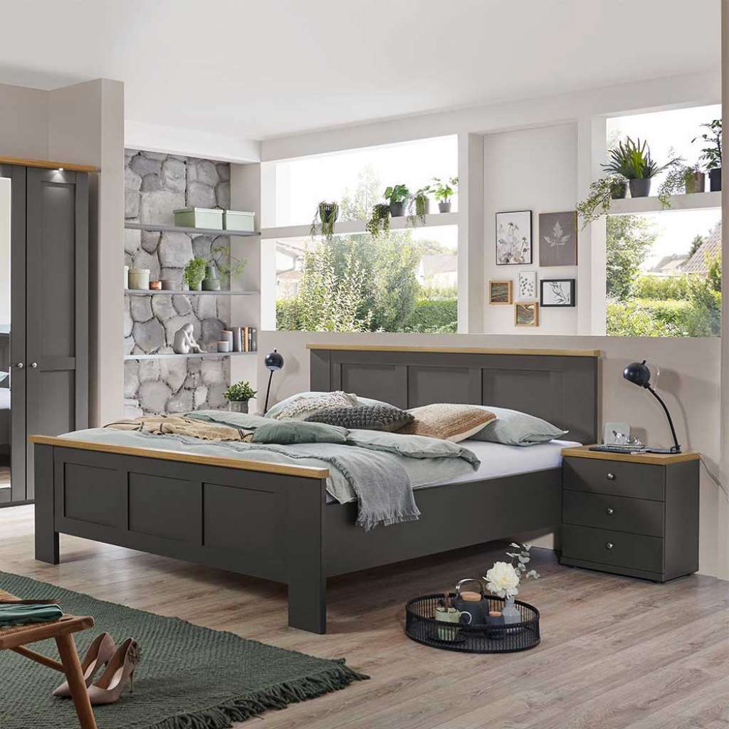 Bett im modernen Landhaus Stil in Dunkelgrau Eiche Bianco