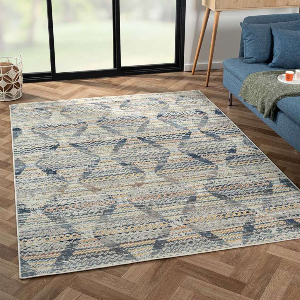 Pflegeleichter Teppich 170x240 cm in Blau - Cremefarben Kurzflor