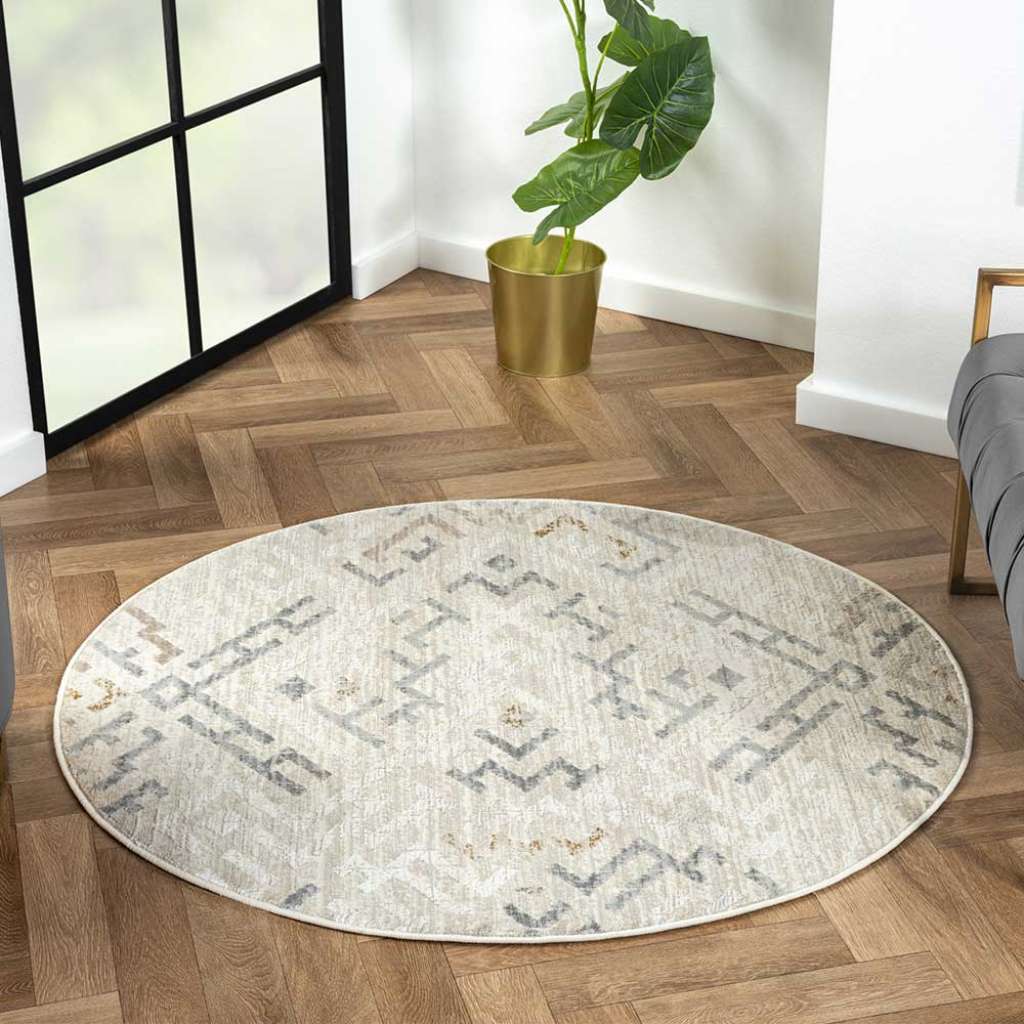 Heller Muster Teppich rund aus Kurzflor 120 cm Durchmesser