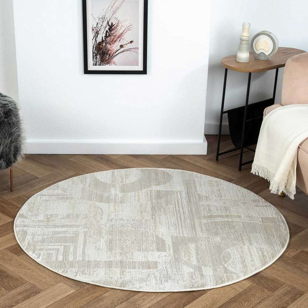 Runder Teppich modern Kurzflor in Creme und Beige 120 cm Durchmesser