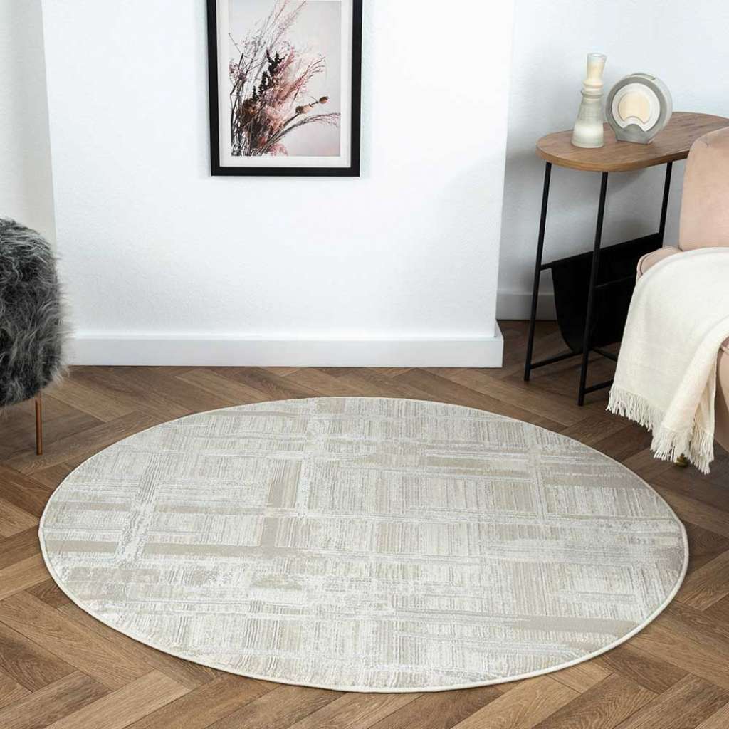 120 cm Teppich rund in Cremefarben und Beige Kurzflor