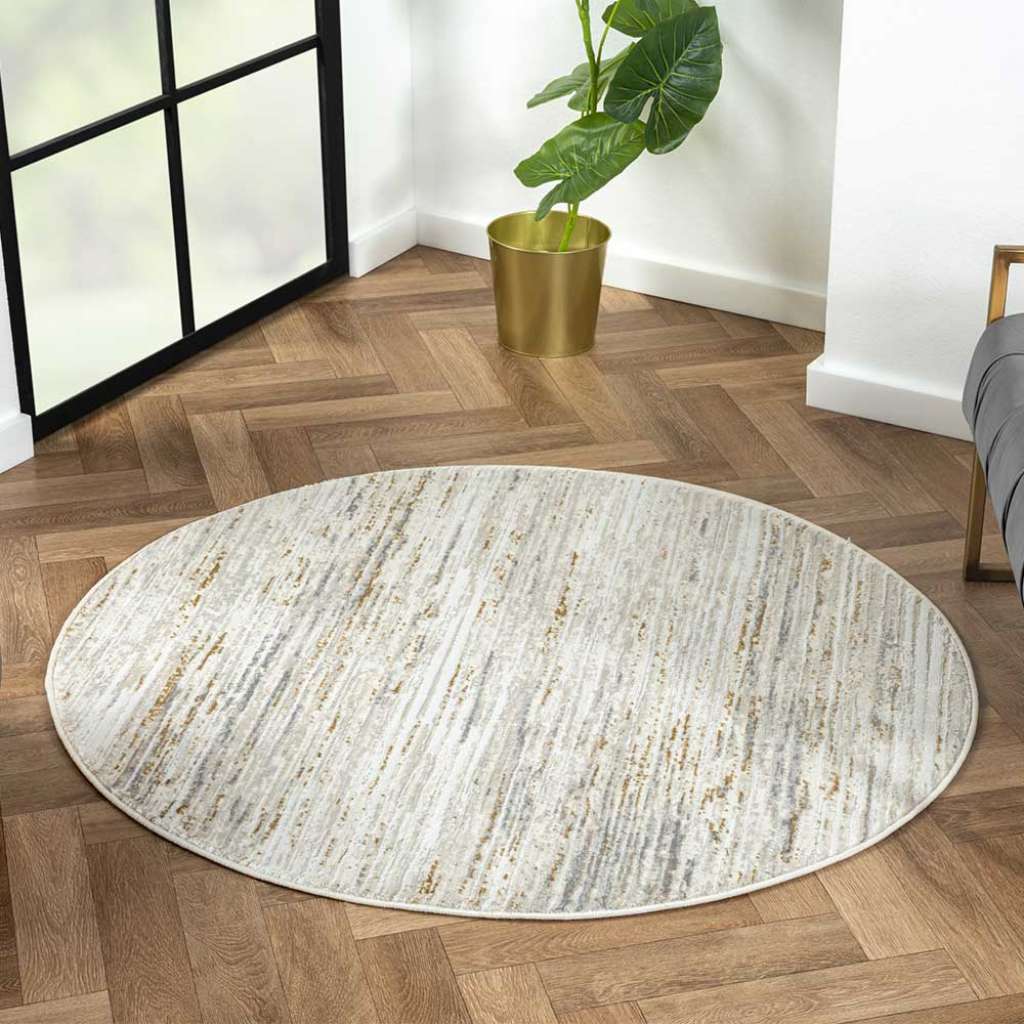 Gestreifter Teppich rund in Hellgrau & Cremefarben 120 cm Durchmesser