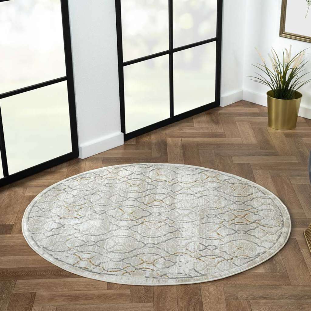 Kachelmuster Teppich rund in Creme und Hellgrau 120 cm Durchmesser