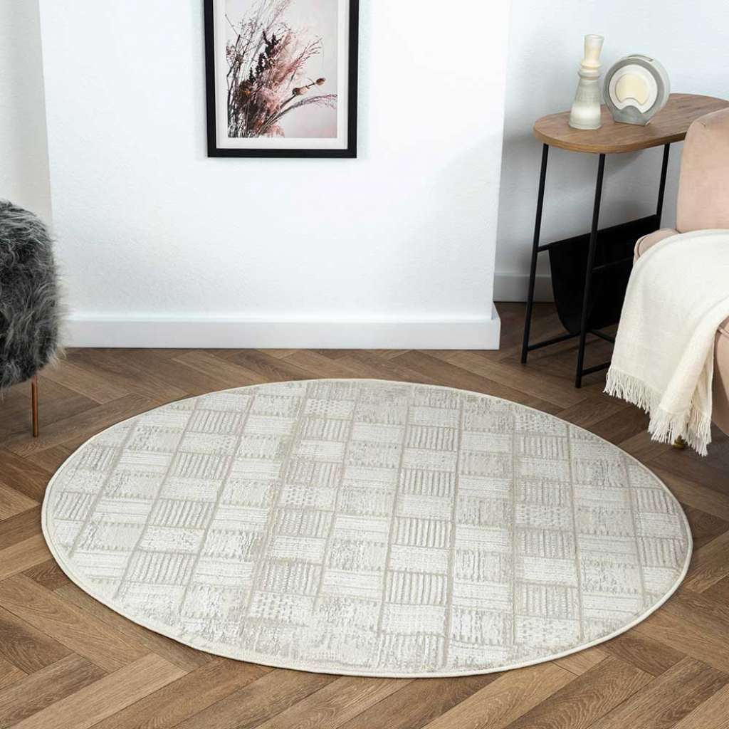 Kurzflor Teppich Kachelmuster in Creme und Beige 120 cm Durchmesser