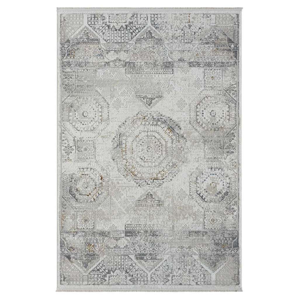 Kurzflor Teppich Vintage Look mit Ornament Muster Hellgrau und Creme