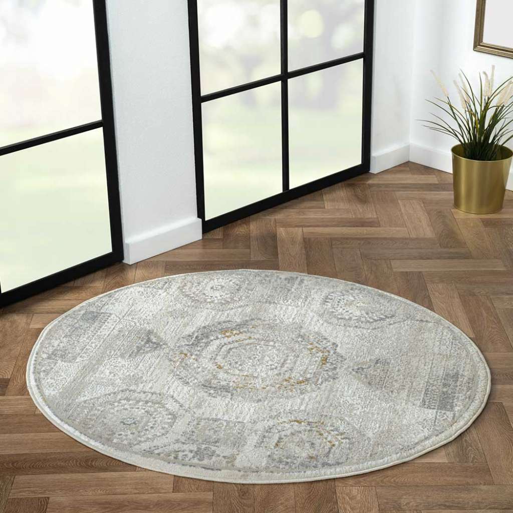 Vintage Look Teppich rund in Hellgrau und Creme 120 cm Durchmesser