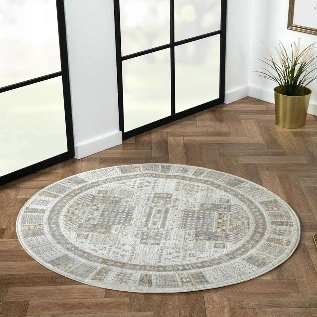 Runder Teppich gemustert in Hellgrau Cremefarben